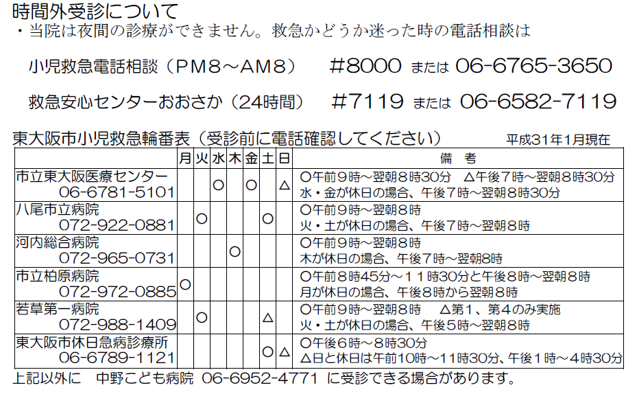 東大阪市の小児救急輪番表が変わりました。